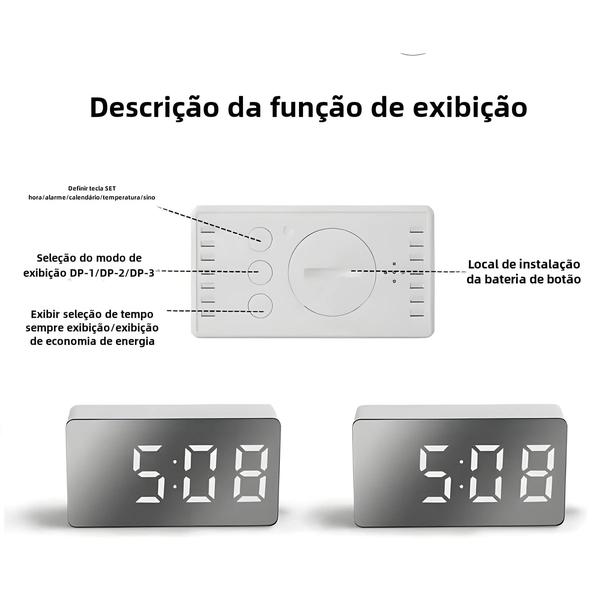 Imagem de Relógio de Mesa Espelhado com LED Branco e USB - Alarme, Snooze e Função de Luz Noturna