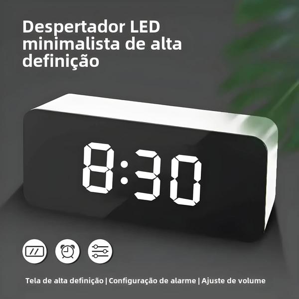 Imagem de Relógio de Mesa Espelhado com LED Branco e USB - Alarme, Snooze e Função de Luz Noturna