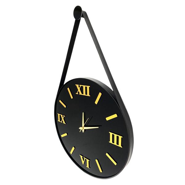Imagem de Relógio de Parede Adnet Preto 40cm, Algarismos Romanos 3D Dourados, Alças em Couro cor Preta