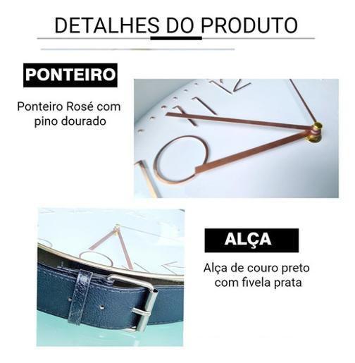 Imagem de Relógio De Parede Alça De Couro Preto Moldura Prata 30 Cm