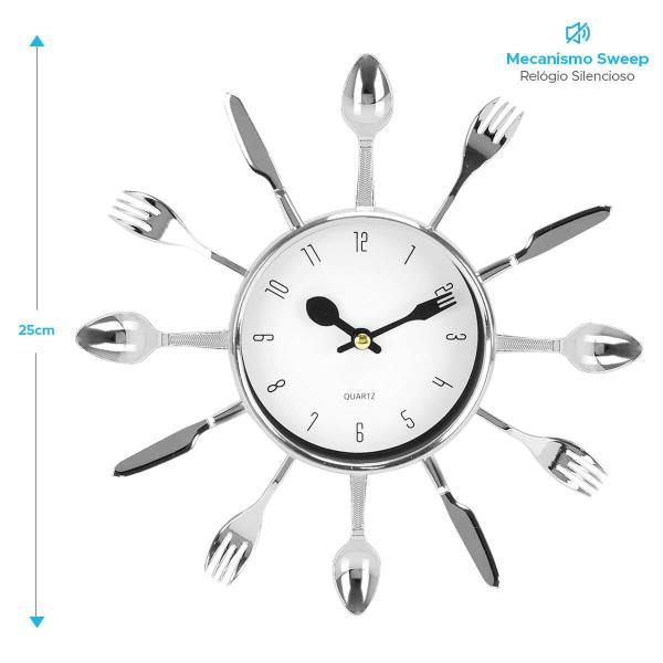 Imagem de Relógio De Parede Cozinha Formato Talheres Prata Silencioso