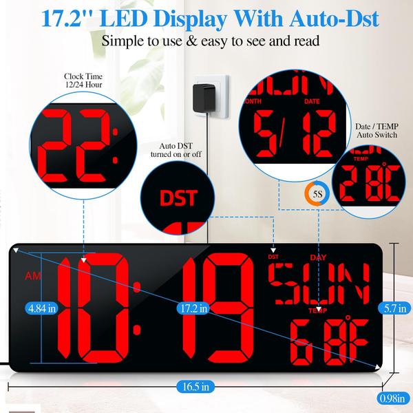 Imagem de Relógio de parede CYMHCHL LED digital grande de 17,2 polegadas com controle remoto