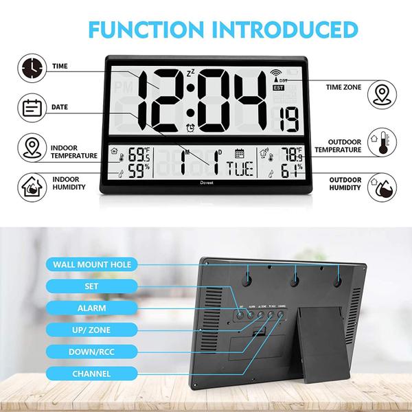 Imagem de Relógio de parede digital Atomic Clock DOVEET com temperatura interna e externa