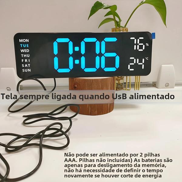 Imagem de Relógio de Parede Digital LED 9" com Dimmer Automático - 12/24h - USB