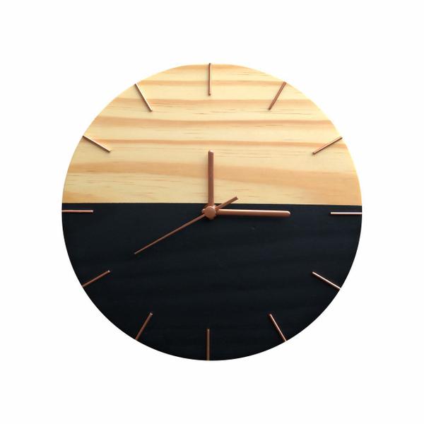 Imagem de Relógio de Parede em Madeira Minimalista Preto e Rose Gold 28cm