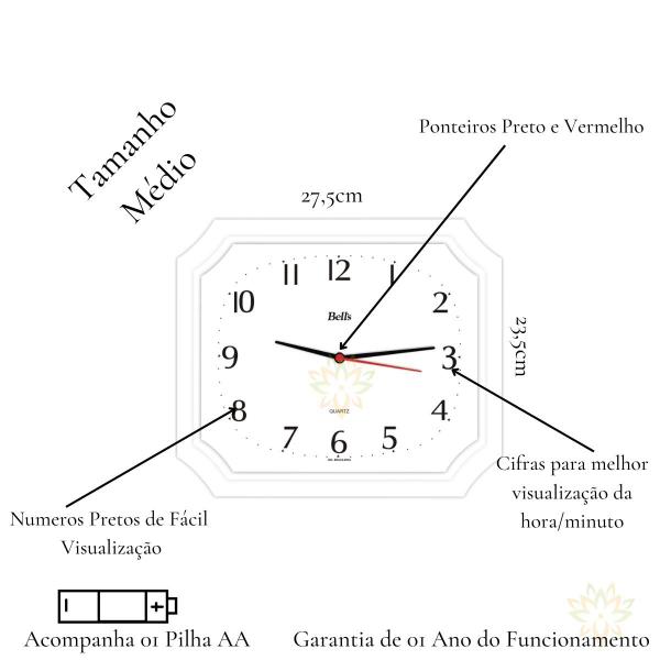Imagem de Relogio de Parede Retangular Bells Liso 23,5 x 27,5cm