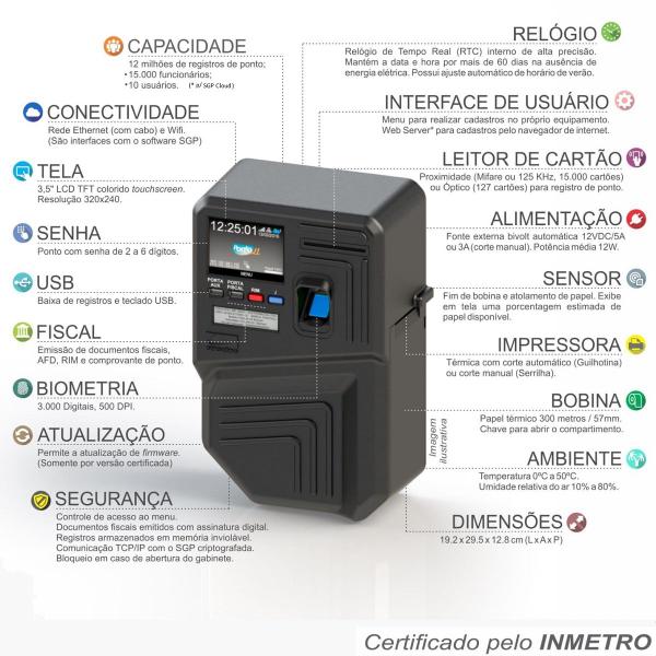 Imagem de Relógio De Ponto Wifi Biometria Cartão Aprox + Corte Automático Homologado