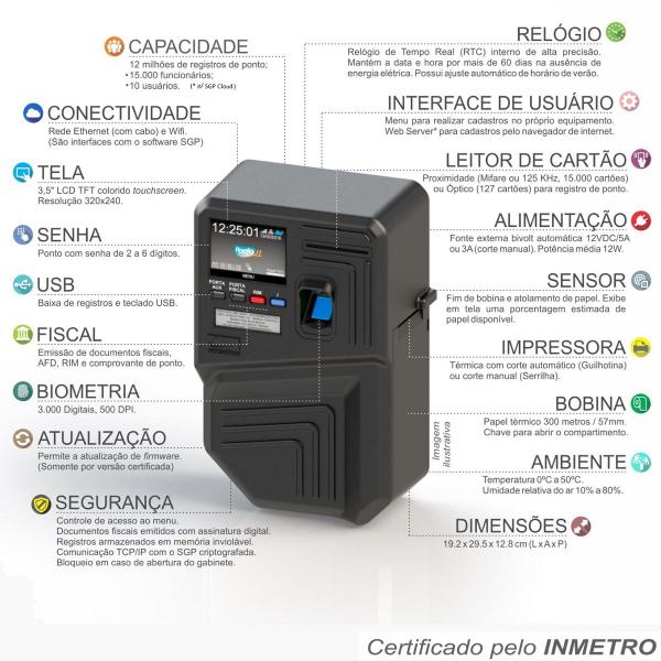 Imagem de Relógio De Ponto Wifi Homologado c/ Biometria e Cartão de Aproximação