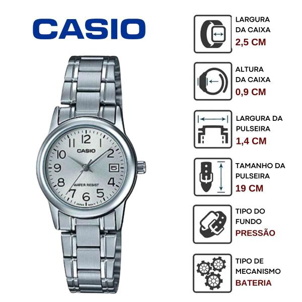 Imagem de Relógio de Pulso Casio Feminino Analógico Resistente Àgua Casual Redondo Pequeno Aço Inox Quartz Estiloso Clássico Prata LTP-V002D-7BUDF