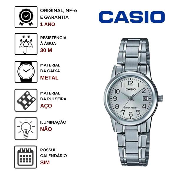 Imagem de Relógio de Pulso Casio Feminino Analógico Resistente Àgua Casual Redondo Pequeno Aço Inox Quartz Estiloso Clássico Prata LTP-V002D-7BUDF