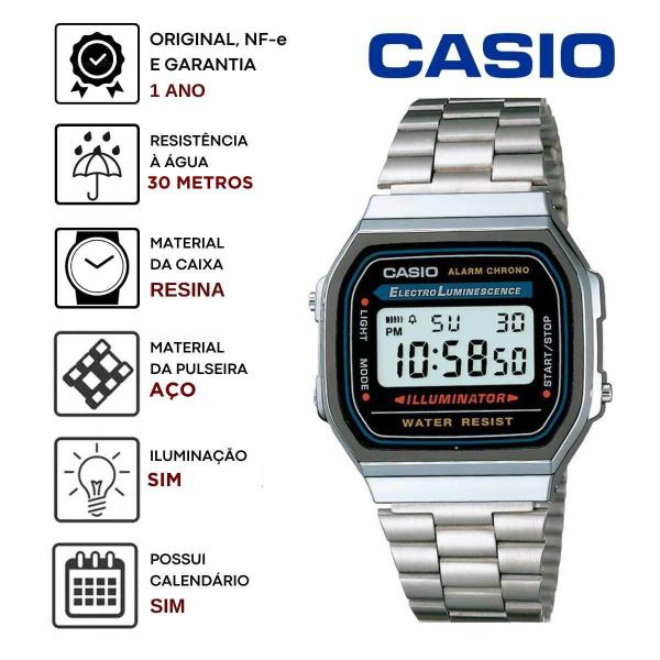 Imagem de Relógio de Pulso Casio Feminino Masculino Digital Aço Inóx Vintage Resistente Água Quadrado Pequeno Casual Prata A168WA-1WDF