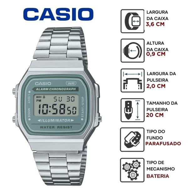 Imagem de Relógio de Pulso Casio Feminino Masculino Digital Aço Inóx Vintage Resistente Água Quadrado Pequeno Casual Prata A168WA-3AYDF