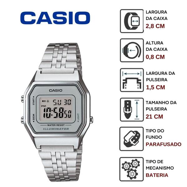 Imagem de Relógio de Pulso Casio Feminino Vintage Quadrado Pequeno Pulseira Aço Inóx Resistente Água Digital Casual Prata LA680WA-7DF