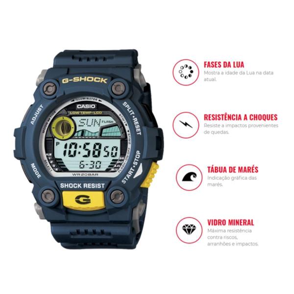 Imagem de Relógio de Pulso Casio G-Shock Masculino Digital Tábua de Marés Surf Prova dágua 200m Preto Azul Vermelho G-7900