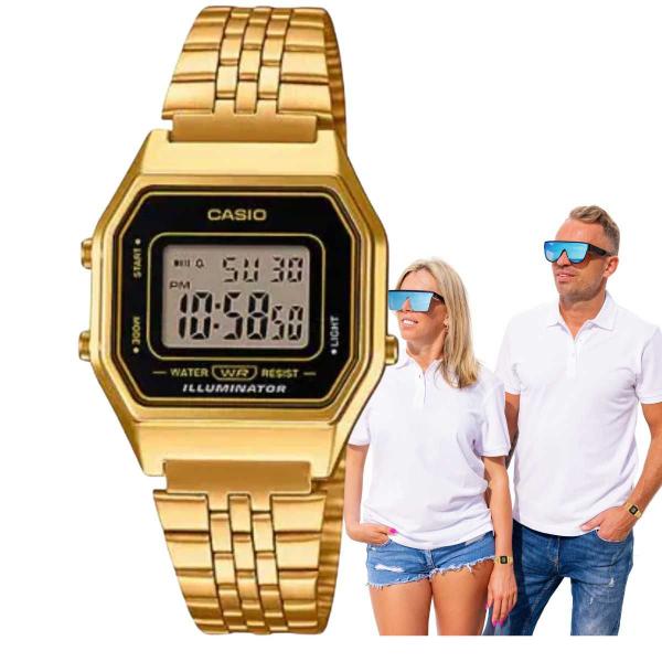 Imagem de Relógio de Pulso Casio Illuminator Quadrado Feminino Masculino Vintage Pequeno Digital Resistente água 3 ATM Casual Dourado LA680WGA-1DF