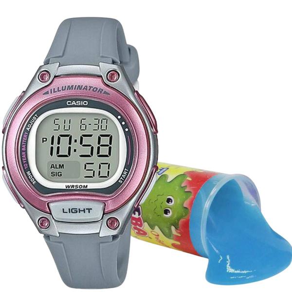 Imagem de Relógio de Pulso Casio Infantil Digital Alarme Luz Led Quartz Esportivo Cinza LW-203-8AVDF + Massinha Slime Amoeba Geleca