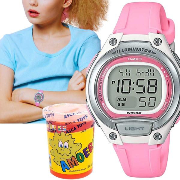 Imagem de Relógio de Pulso Casio Infantil Digital Alarme Luz Led Quartz Esportivo Rosa LW-203-4AVDF + Massinha Slime Amoeba Geleca