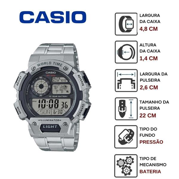 Imagem de Relógio de Pulso Casio Masculino Digital Prata Redondo Cronômetro 5 Alarmes Hora Mundial AE-1400WHD-1AVDF