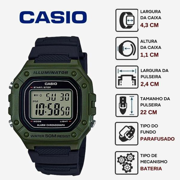 Imagem de Relógio de Pulso Casio Masculino Digital Prova Dágua 50 Metros Illuminator Quadrado Esportivo Verde W-218H-3AVDF + Chaveiro