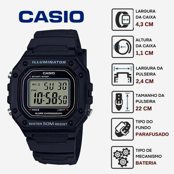 Imagem de Relógio de Pulso Casio Masculino Digital Prova Dágua Iluminador Cronômetro Calendário Esportivo Preto W-218H-1AVDF + Chaveiro 2 Anilhas