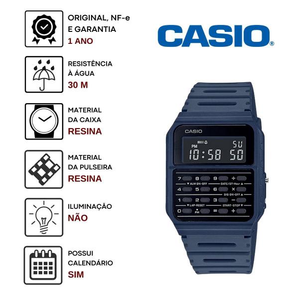 Imagem de Relógio de Pulso Casio Masculino Feminino Unissex Quardrado Retro Vintage Calculadora Digital Azul Vermelho Branco Preto e Verde CA-53WF 