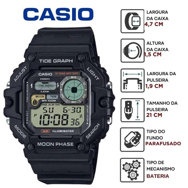 Imagem de Relógio de Pulso Casio Masculino Tábua de Marés Dual Time Hora Mundial Prova D'agua 100 Metros Digital Esportivo Surfista Preto WS-1700H-1AV