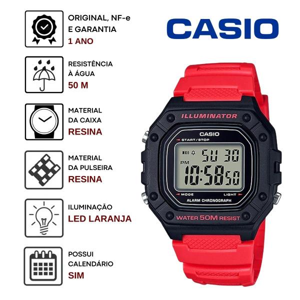 Imagem de Relógio de Pulso Casio Unissex Esportivo Digital Vermelho Original Quadrado 50 Metros W-218H-4BVDF