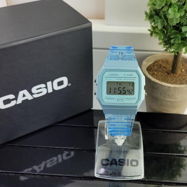 Imagem de Relógio de Pulso Casio Unissex Vintage Digital Azul Transparente Leve Moderno Original F-91WS-2DF