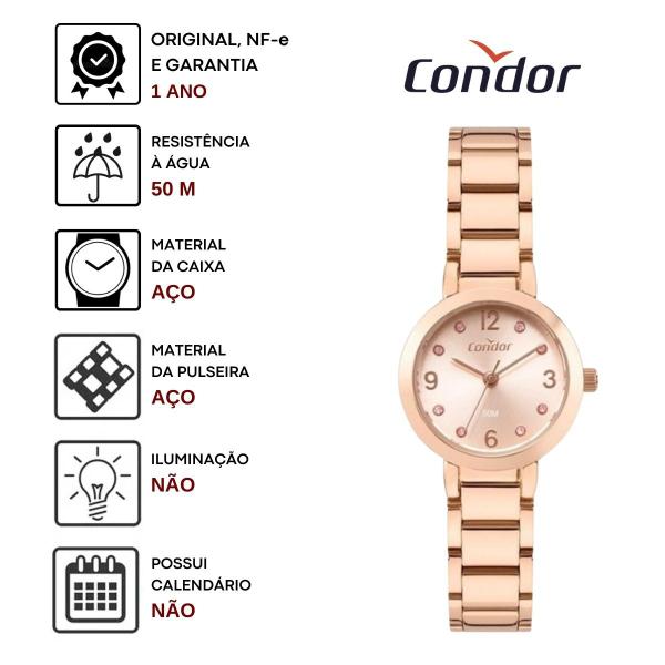 Imagem de Relógio de Pulso Condor Feminino Analogico Casual Pequeno Redondo COPC21J Rose Gold Dourado 