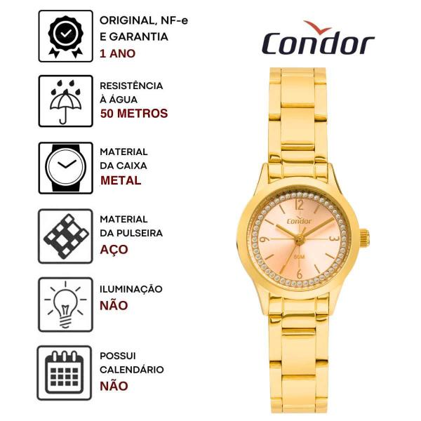 Imagem de Relógio de Pulso Condor Feminino Analógico Pequeno Redondo Aço Inóx Prova Dágua 50 Metros Casual Elegante Dourado COPC21JMA/4J