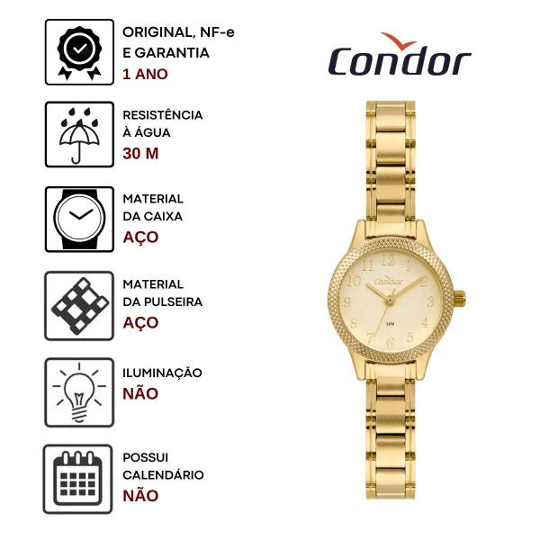 Imagem de Relógio de Pulso Condor Feminino Analogico Pequeno Redondo Prova Dágua 30 Metros Original Dourado COPC21JCX/4D