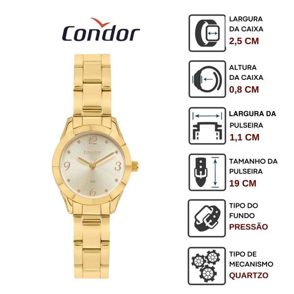 Imagem de Relógio de Pulso  Condor Feminino Analogico Quartz Pequeno Redondo Aço Inóx Prova Dágua Banhado Ouro Casual Dourado COPC21JDA/4D