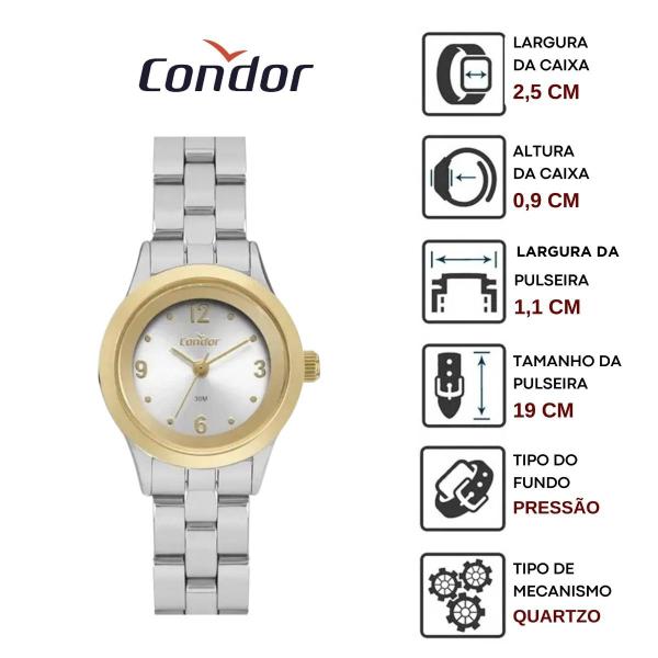 Imagem de Relógio de Pulso Condor Feminino Pequeno Casual Analogico CPOC21 Dourado Prata 