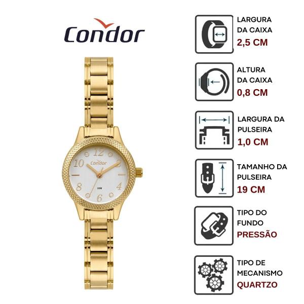 Imagem de Relógio de Pulso Condor Feminino Quartz Analogico Pequeno Redondo Prova Dágua Aço Inóx Casual Dourado COPC21JCY/4C