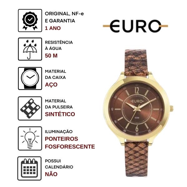 Imagem de Relógio de Pulso Euro Feminino Analógico Redondo Resistente Água Pulseira Animal Print Casual Dourado EU2035YTL/5D
