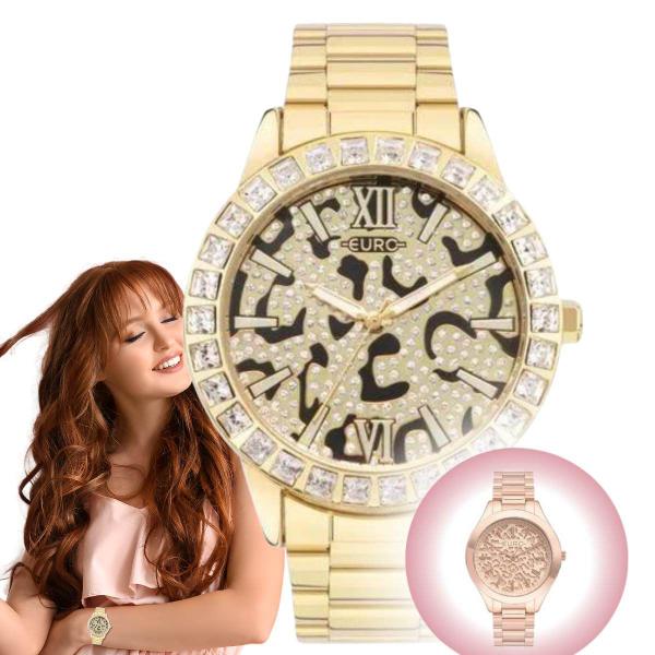 Imagem de Relógio de Pulso Euro Feminino Animal Print Resistente Água Analógico Casual EU2036YT Dourado Rose Gold