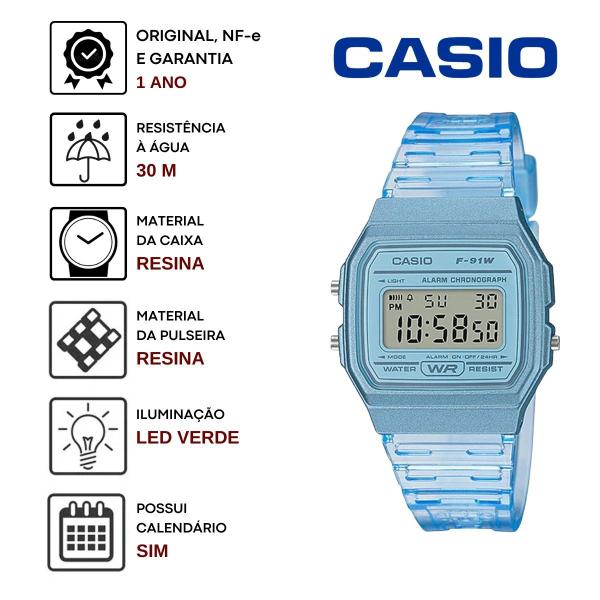 Imagem de Relógio de Pulso Feminino Casio Vintage Digital Esportivo Leve Transparente Azul Rosa Cinza Leve Moderno Original F-91WS 