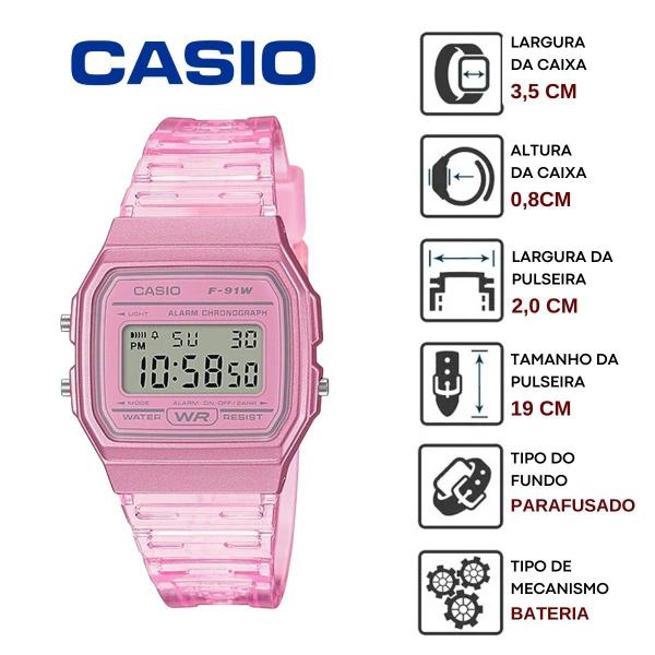 Imagem de Relógio de Pulso Feminino Casio Vintage Digital Esportivo Leve Transparente Azul Rosa Cinza Leve Moderno Original F-91WS 