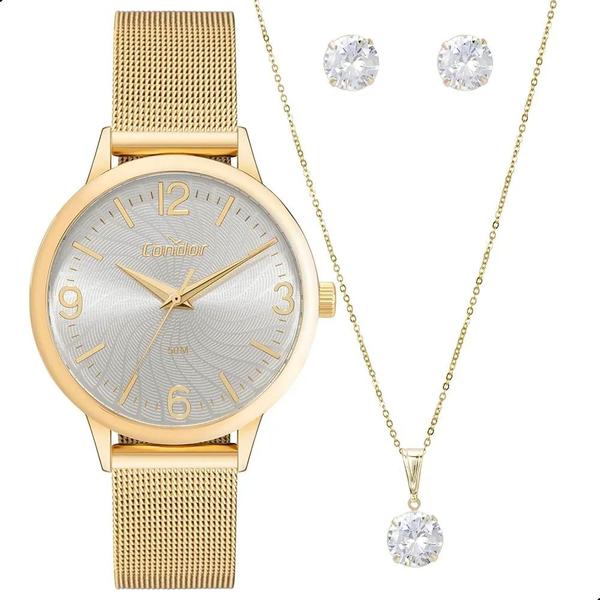 Relógio de Pulso Feminino Condor Dourado CO2035NDK/K4K Colar e Brincos Relógio de Pulso Feminino Condor Dourado CO2035NDK/K4K Colar e Brincos