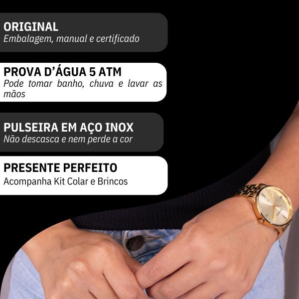 Imagem de Relógio de Pulso Feminino Mondainde Dourado Analógico 32598LPMKDE1K1 Colar e Brincos