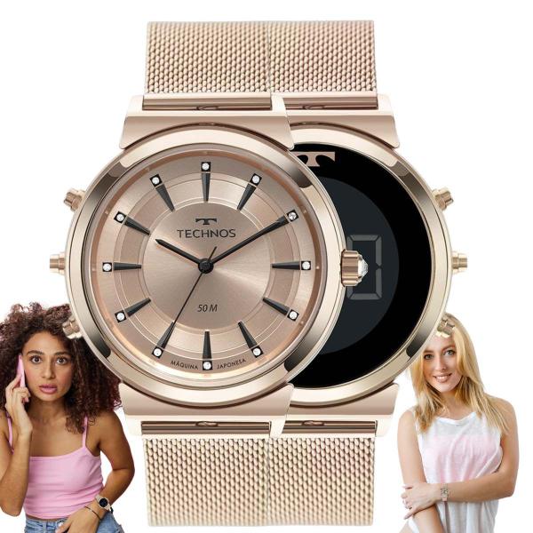 Imagem de Relógio de Pulso Feminino Technos Curvas Dupla Aço Inóx Face Prova Dágua 50 Metros Casual Rose Gold 9T33AC/1J