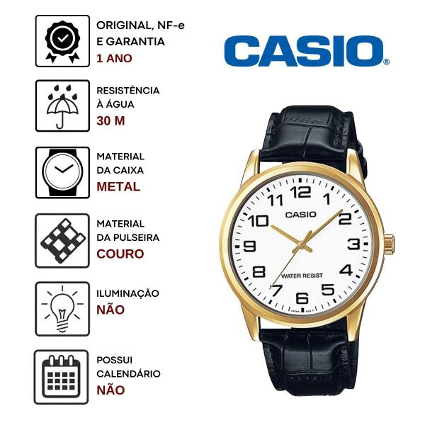 Imagem de Relógio de Pulso Masculino Casio Casual Quartz Analógico Redondo Pulseira de Couro Dourado MTP-V001GL-7BUDF