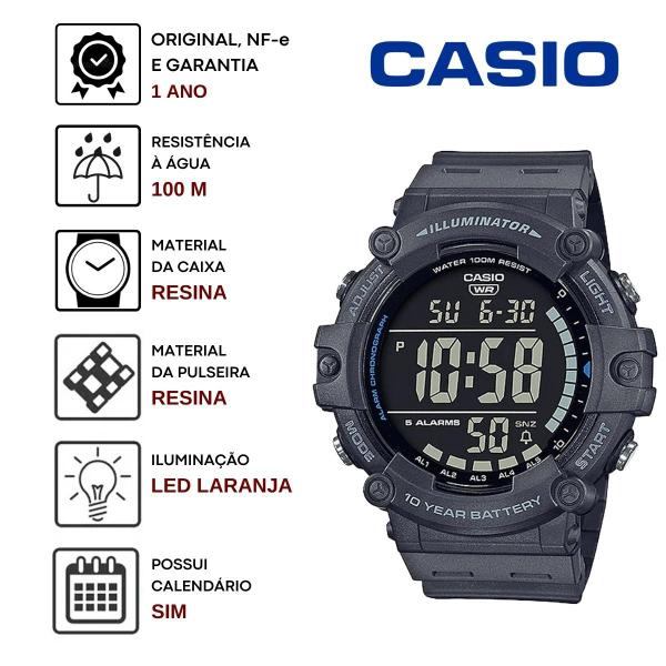 Imagem de Relógio de Pulso Masculino Casio Grande Digital Esportivo Prova Dágua 100 Metros e 10 anos de Bateria Preto Verde Grafite AE-1500WH