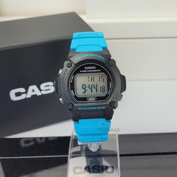 Imagem de Relógio De Pulso Masculino Casio Illuminator Digital Redondo Prova Dágua 50 Metros Esportivo Preto Azul Laranja e Cinza W-219H