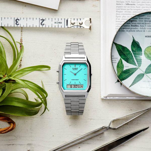 Imagem de Relógio de Pulso Masculino Feminino Casio Vintage Unissex Anadigi Analógico Digital Quadrado Resistente Água Casual Prata AQ-230A-2A2MQYDF