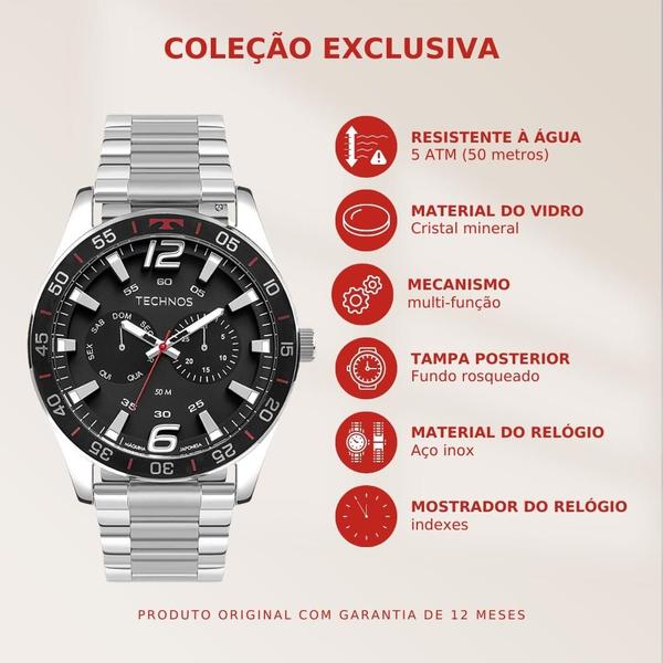 Imagem de Relógio de Pulso Masculino Racer Technos Correia Prata 6P25CA/T1P Kit 3 Pulseiras Coleção Exclusiva