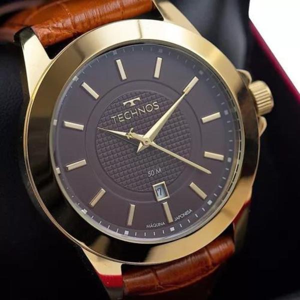 Imagem de Relógio de Pulso Masculino Technos Dourado Pulseira de Couro Executivo Com Calendário 2115MYA/0M