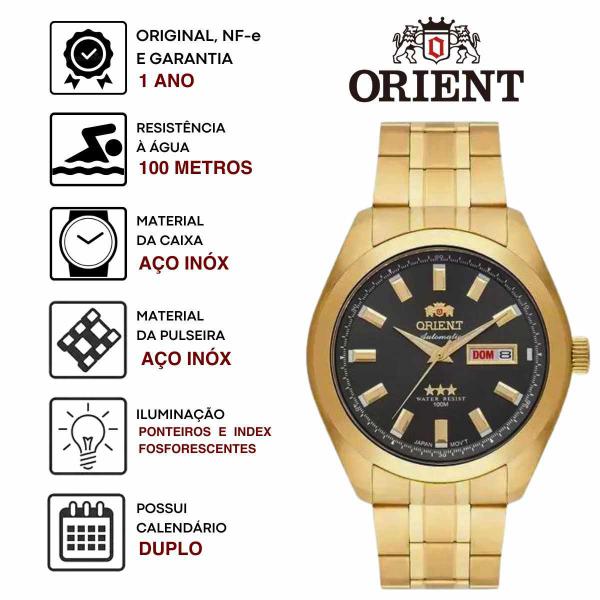 Imagem de Relógio de Pulso Orient Masculino Automático 3 Estrelas Prova Dágua 10 ATM Calendario Aço Inóx Casual Dourado 469GP075F G1KX