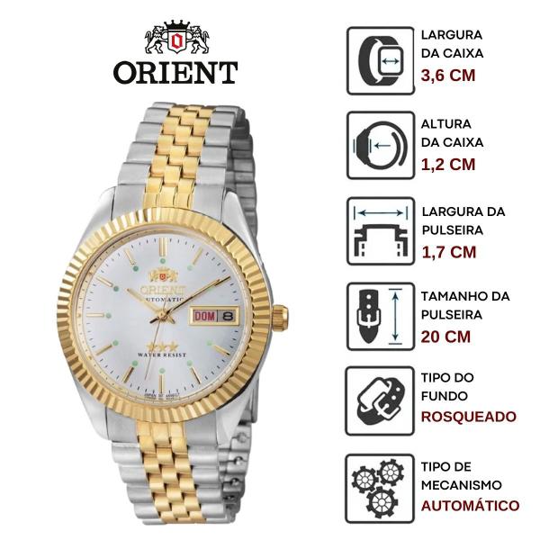 Imagem de Relógio de Pulso Orient Masculino Clássico Automático Mecânico 3 Estrelas Resistente Água Aço Inóx Dourado Prata 469E