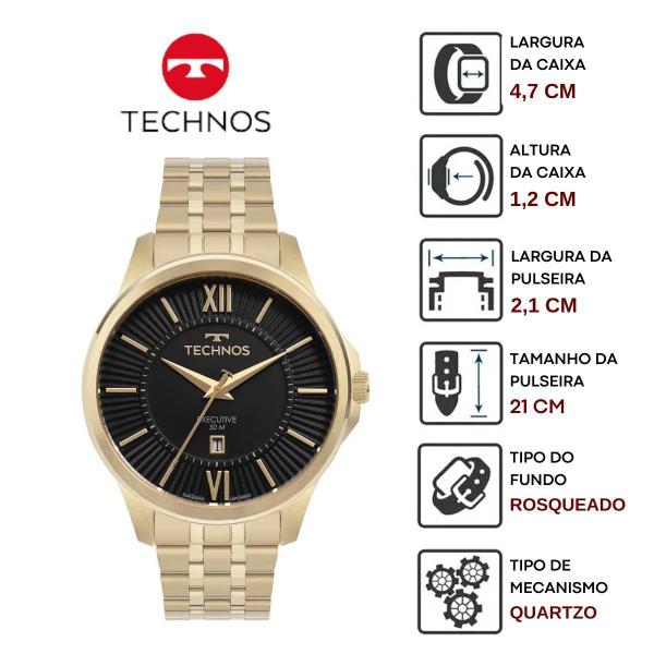 Imagem de Relógio de Pulso Technos Classic Executive Masculino Analógico Aço Inóx Prova D Àgua 50M Numeros Romanos Dourado 2115MTY/1P / 2117LFB/1P